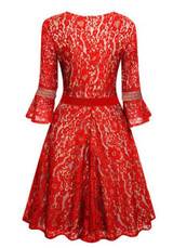 Red Patchwork Lace Draped Round Neck Long Sleeve Midi Dress