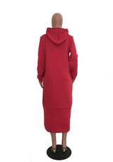 Red Monogram Print Drawstring Pockets Long Sleeve Hooded Sweatshirt Midi Dress