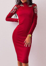 Red Flowers Embroidery Round Neck Long Sleeve Midi Dress