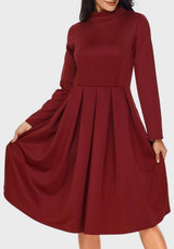 Red Draped Band Collar Round Neck Long Sleeve Midi Dress
