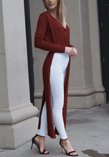 Red Cut Out V-neck Long Sleeve Fashion Maxi Dress