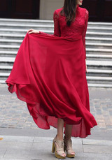 Red CCLace Ruffle Draped Round Neck Long Sleeve Elegant Maxi Dress