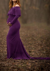 Purple Ruffle Off Shoulder Long Sleeve Elegant Maternity Maxi Dress