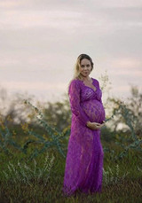 Purple Patchwork Lace Draped Maternity Deep V-neck Long Sleeve Maxi Dress