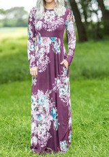 Purple Floral Draped Pockets Round Neck Long Sleeve Maxi Dress
