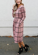 Pink Plaid Draped Long Sleeve Fashion Midi Dress
