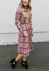 Pink Plaid Draped Long Sleeve Fashion Midi Dress