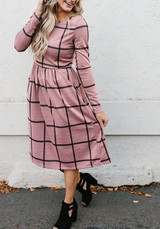 Pink Plaid Draped Long Sleeve Fashion Midi Dress