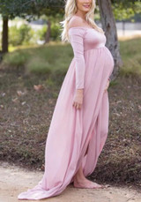 Pink Grenadine Off Shoulder Backless Slit Maternity Long Sleeve For Babyshower Maxi Dress