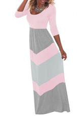Pink Geometric Print Round Neck Long Sleeve Casual Maxi Dress