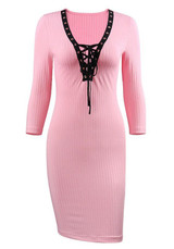 Pink Drawstring Irregular V-neck Long Sleeve Fashion Midi Dress