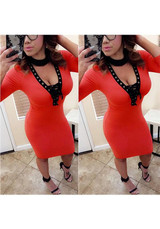 Orange Drawstring Irregular V-neck Long Sleeve Fashion Midi Dress