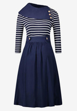 Navy Blue Striped Irregular Draped Round Neck Long Sleeve Midi Dress