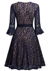 Navy Blue Patchwork Lace Draped Round Neck Long Sleeve Midi Dress