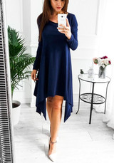 Navy Blue Irregular Round Neck Long Sleeve Casual Mini Dress