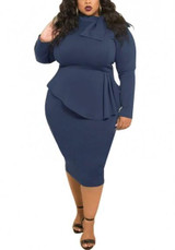 Navy Blue Draped Peplum Bowknot Long Sleeve Plus Size Party Midi Dress