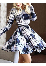 Multicolor Striped Draped Belt Long Sleeve Round Neck Fashion Midi Dress