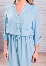 Light Blue Irregular Pockets Drawstring V-neck Single Breasted Long Sleeve Casual Mini Dress