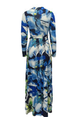 Light Blue Floral Print Sashes Plunging Neckline Long Sleeve Fashion Maxi Dress