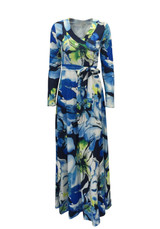 Light Blue Floral Print Sashes Plunging Neckline Long Sleeve Fashion Maxi Dress