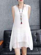 Casual Round Neck Asymmetric Hem Solid Double Layer Shift Dress