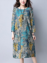 Casual Round Neck Allover Tree Printed Shift Dress