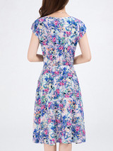 Casual Pocket Round Neck Skater Dress In Tiny Floral Printed