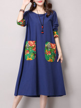 Casual Patch Pocket Patchwork Floral Cotton Shift Dress