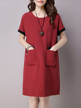 Casual Patch Pocket Embroidery Plain Cotton Shift Dress