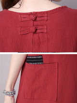 Casual Patch Pocket Embroidery Plain Cotton Shift Dress