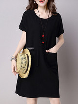 Casual Patch Pocket Embroidery Plain Cotton Shift Dress