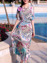 Casual Open Shoulder Elastic Waist Animal Printed Chiffon Skater Dress