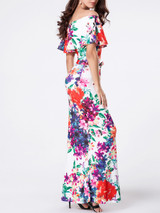 Casual Off Shoulder Flounce Floral Printed Maxi Dress