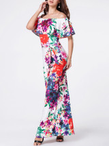 Casual Off Shoulder Flounce Floral Printed Maxi Dress