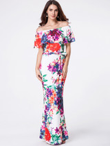 Casual Off Shoulder Flounce Floral Printed Maxi Dress