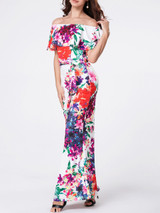 Casual Off Shoulder Flounce Floral Printed Maxi Dress