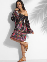 Casual Off Shoulder Cotton Assorted Colors Floral Printed Shift-dress