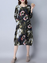 Casual Loose Printed Round Neck Pocket Shift Dress