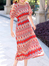 Casual Flowing Open Shoulder Vacation Printed Striped Maxi Dress