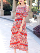 Casual Flowing Open Shoulder Vacation Printed Striped Maxi Dress