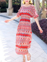 Casual Flowing Open Shoulder Vacation Printed Striped Maxi Dress