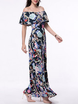 Casual Flounce Off Shoulder Floral Printed Maxi Dress