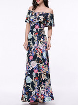 Casual Flounce Off Shoulder Floral Printed Maxi Dress