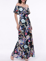 Casual Flounce Off Shoulder Floral Printed Maxi Dress