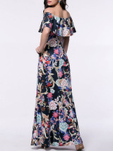 Casual Flounce Off Shoulder Floral Printed Maxi Dress