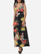 Casual Floral Printed Vintage Deep V Neck Maxi-dress