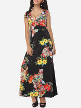 Casual Floral Printed Vintage Deep V Neck Maxi-dress