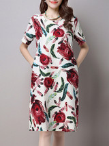 Casual Floral Printed Round Neck Shift Dress With Pocket