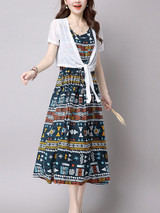 Casual Elastic Waist Printed Two-Piece Maxi Dress