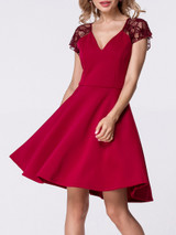 Casual Deep V-Neck Lace Patchwork Plain Skater Dress